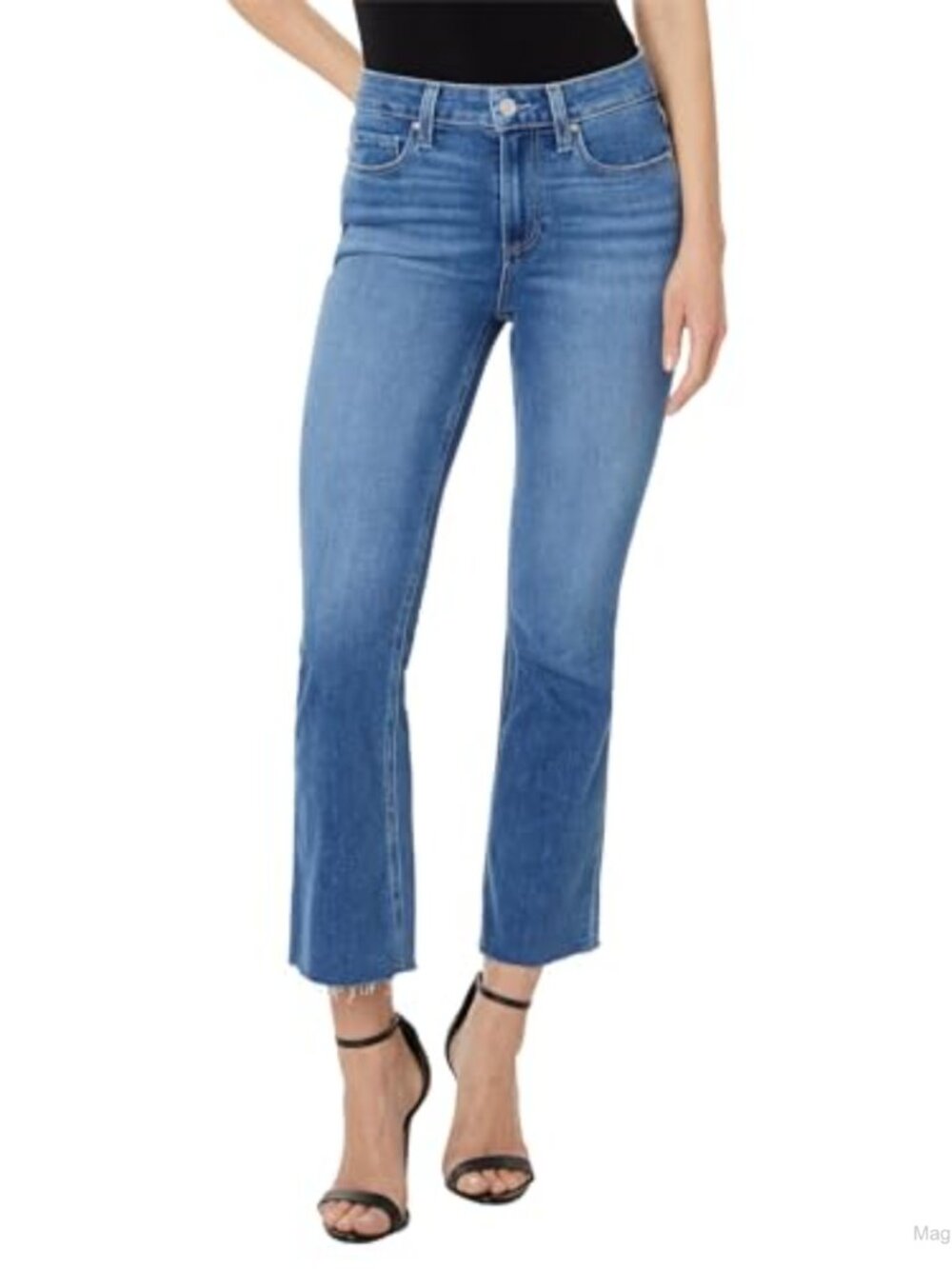 High Rise Crop Flare Jeans Raw Hem Cotton Blend Stretch